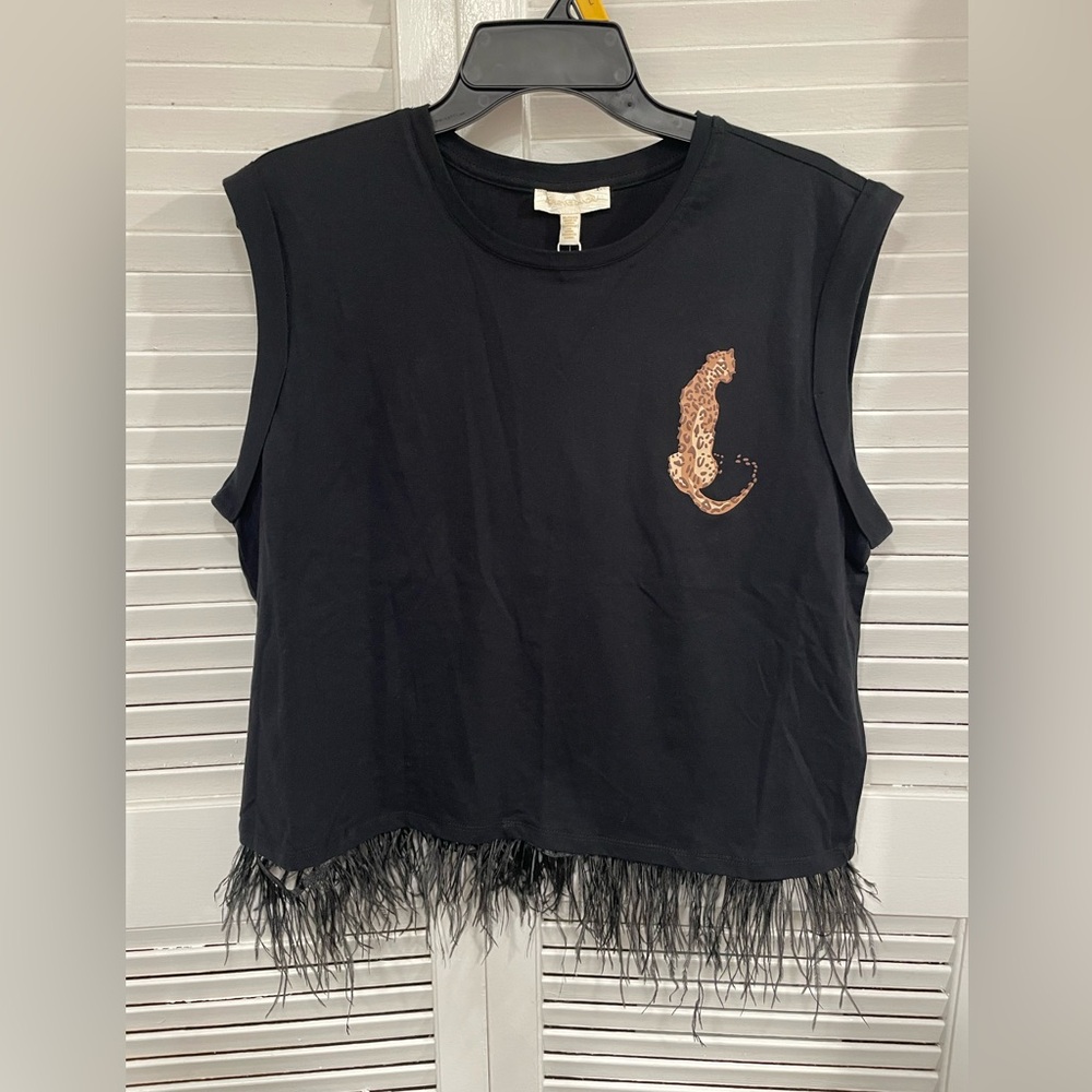 NWT Adrienne Landau Black Muscle Tee with Leopard Accent and Fringe XL